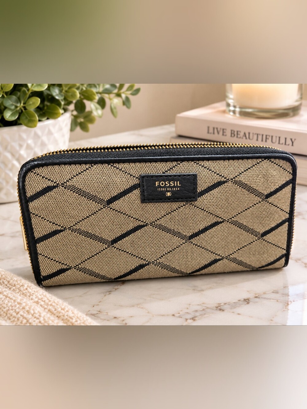 Fossil Tan and Black Patterned Canvas Toiletry Pouch